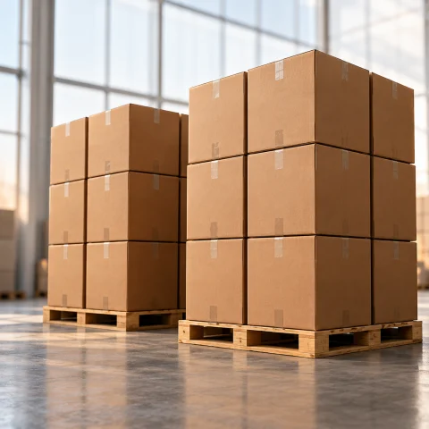 Shipping cartons stacked on wooden pallets